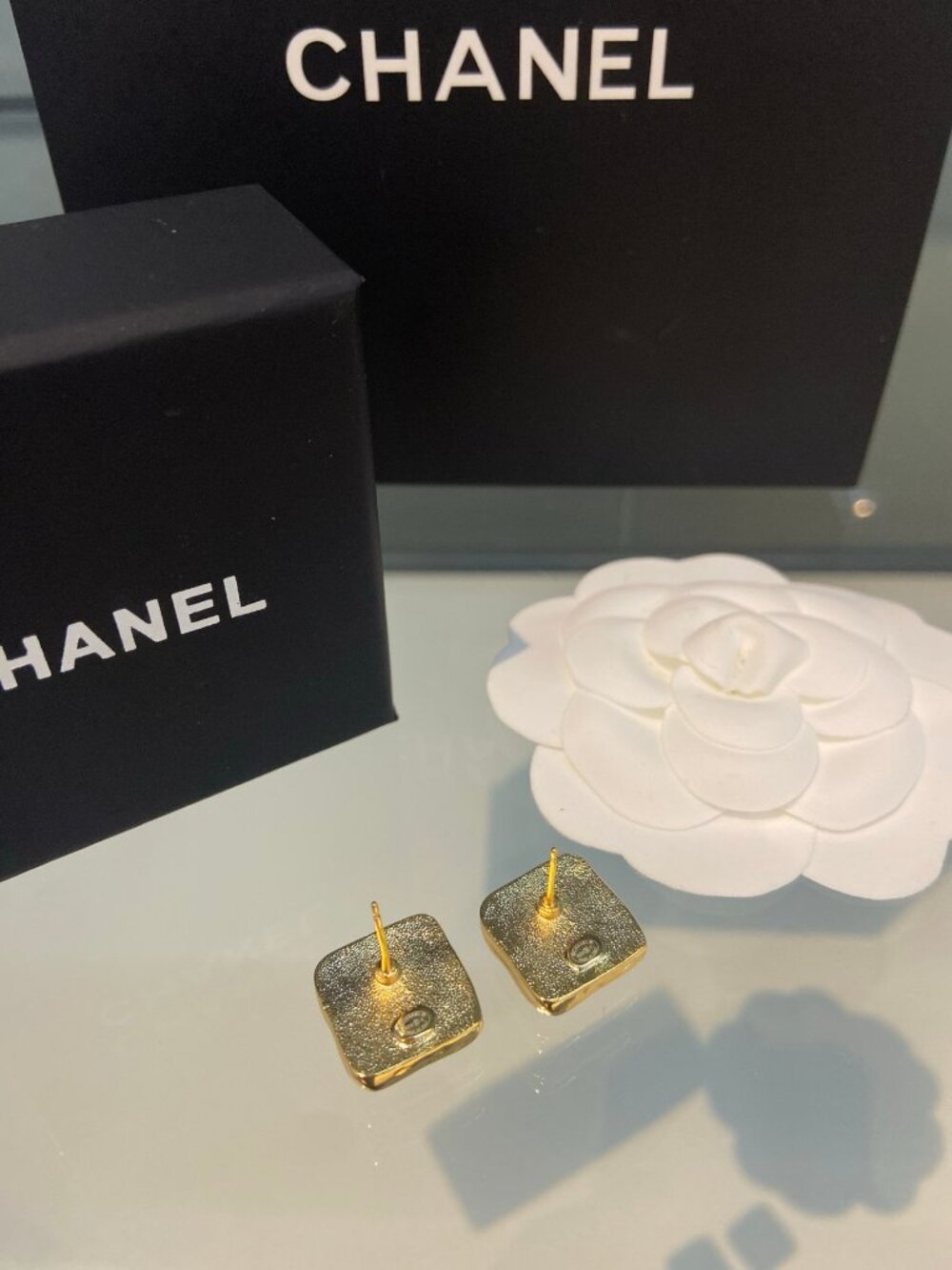 Chanel Gold-Tone Black Enamel Square CC Stud Earrings
